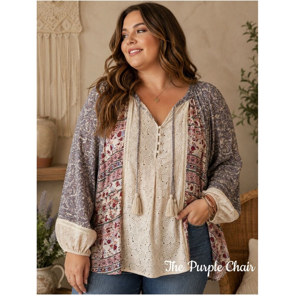 FARMERS MARKET NWT Boho Eyelet Embroidered Balloon Sleeve Top 2X